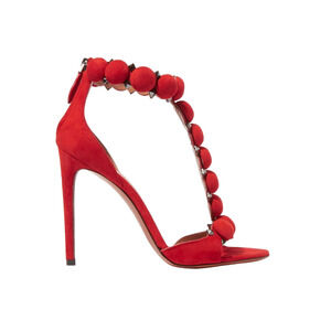 Alaia Bombe 110mm Red Grenadine Suede Ankle T Strap Studded Sandal Heel Pump 36